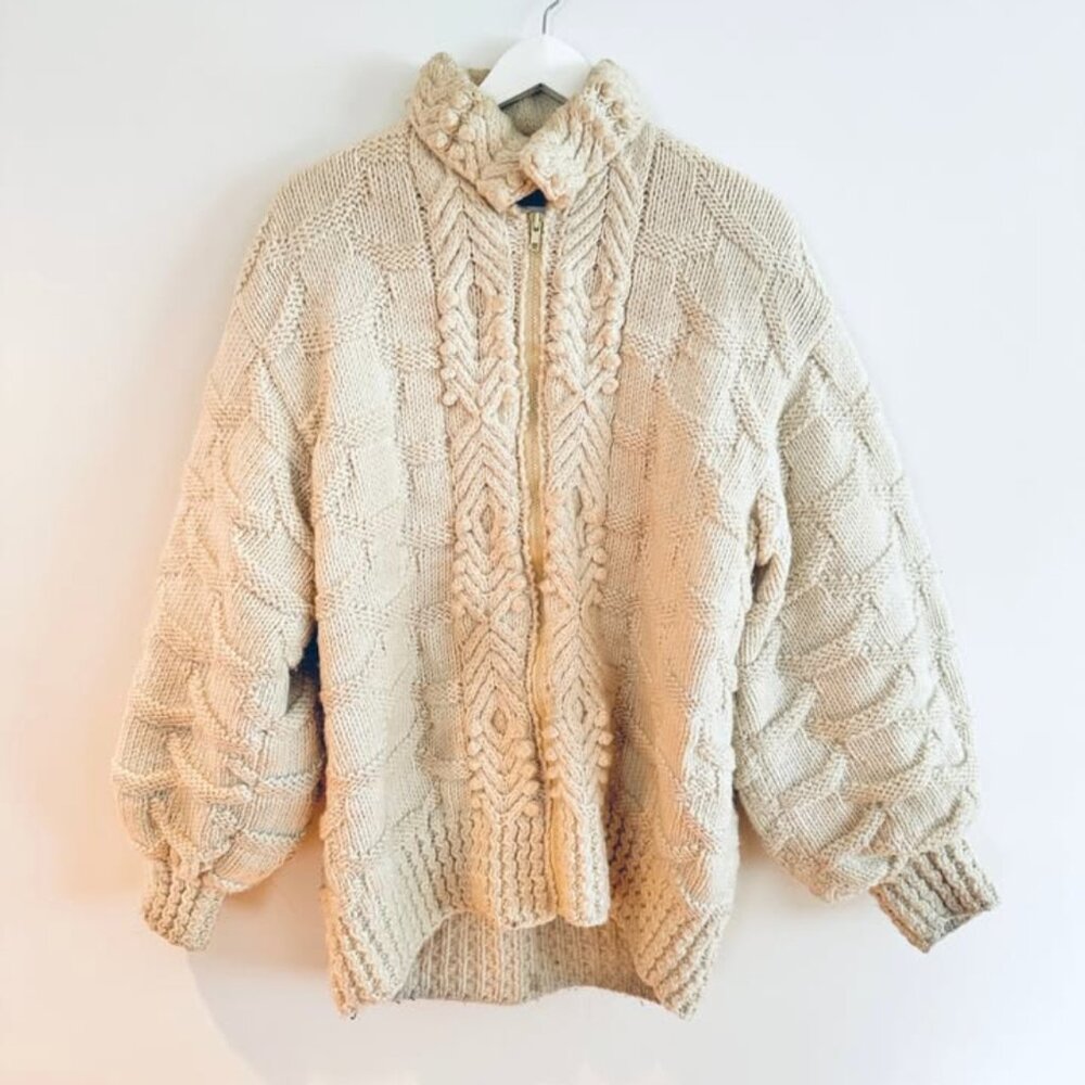 Handmade Oversize Chunky Knit Sweater Zip Bubble Sleeve Mum's Zip Up Ivory White - Picture 5 of 8